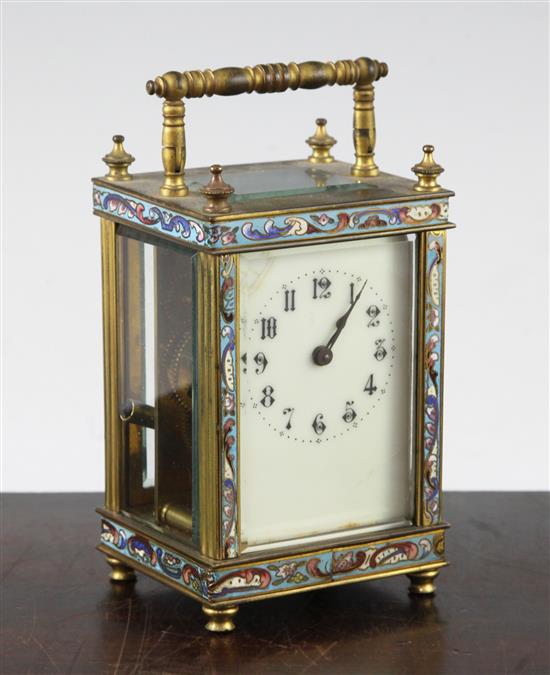 An early 20th century French champleve decorated carriage timepiece, 5in.